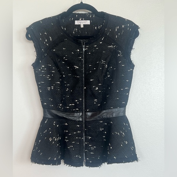 MILLY SET - Tweed Black Leather trim peplum top and skirt set - Picture 3 of 14